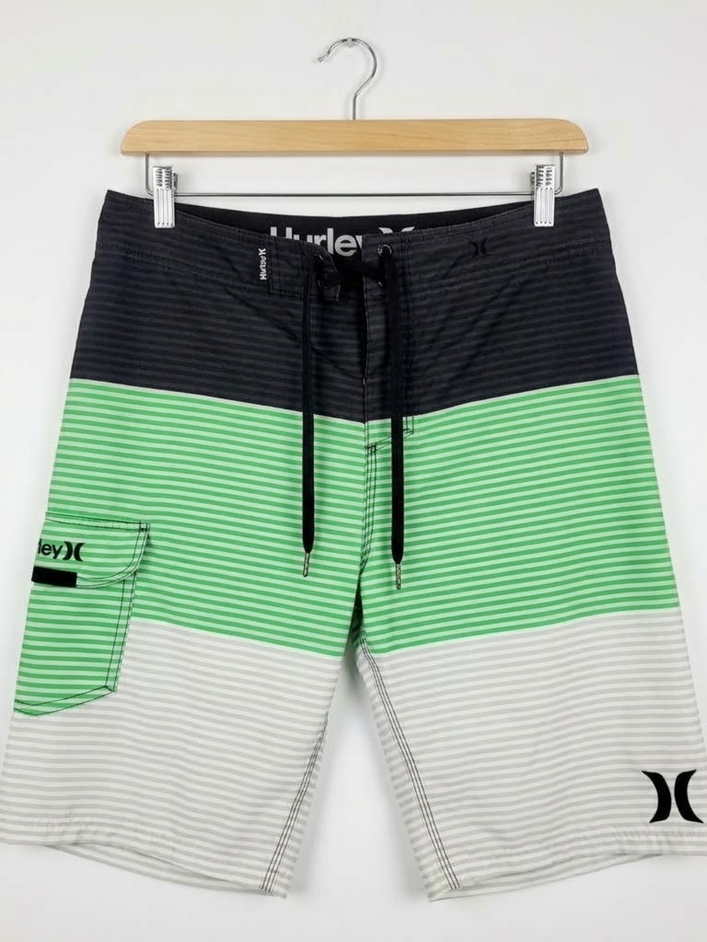 HURLEY Men’s 32 Striped Board Shorts Green Black White Summer Swim Colorblock